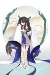  1girl absurdres barefoot black_nails brown_hair cosplay costume_switch flower-shaped_pupils genshin_impact guizhong_(genshin_impact) guizhong_(genshin_impact)_(cosplay) hair_ornament highres hu_tao_(genshin_impact) long_hair long_sleeves looking_at_viewer one_eye_closed qixia red_eyes simple_background symbol-shaped_pupils thighs twintails 