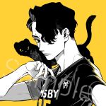  1boy 3_upin animal animal_on_shoulder arm_up black_hair closed_mouth ferret greyscale haikyuu!! hair_over_one_eye looking_at_viewer male_focus monochrome multiple_moles sakusa_kiyoomi short_hair simple_background solo sportswear tail upper_body yellow_background yellow_eyes 