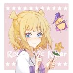  1other blonde_hair blue_eyes blush cape copyright_name hat highres holding holding_wand korikr32 one_eye_closed pink_background purple_cape purple_headwear riri_(romantic_killer) romantic_killer shirt short_hair smile star_(symbol) upper_body v wand white_shirt wizard_hat 