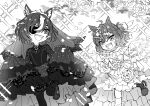  2girls ahoge alternate_costume animal_ears braid commentary dress ear_ornament earrings eyepatch eyes_visible_through_hair floral_background flower frilled_dress frilled_sleeves frills greyscale hair_ornament hair_over_one_eye hairclip highres horse_ears horse_girl jewelry jungle_pocket_(umamusume) lace_trim long_sleeves medium_hair monochrome multicolored_hair multiple_girls nayuta_ggg necklace notched_ear off-shoulder_dress off_shoulder open_mouth rose shoes short_hair sleeves_past_fingers sleeves_past_wrists sparkle streaked_hair tanino_gimlet_(umamusume) umamusume wavy_hair wedding_dress 