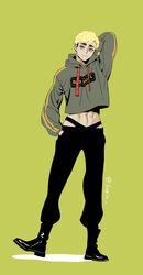  1boy 3_upin abs arm_behind_back arm_up black_footwear black_pants blonde_hair boots cropped_hoodie ear_piercing full_body green_background grey_hoodie haikyuu!! hand_in_pocket highres hood hood_down hoodie male_focus miya_atsumu pants piercing simple_background smile solo twitter_username yellow_eyes 