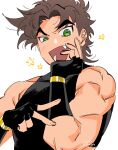  1boy :d bare_shoulders battle_tendency biceps brown_hair carota327 fang fingerless_gloves gloves green_eyes highres jojo_no_kimyou_na_bouken joseph_joestar joseph_joestar_(young) sleeveless_turtleneck_crop_top smile solo v 