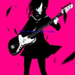  1girl bass_guitar black_hair blurry blurry_foreground english_text highres holding holding_instrument instrument limited_palette long_hair long_sleeves music necktie no_eyes open_mouth original pantyhose pink_background playing_instrument school_uniform serafuku simple_background skirt solo suzuya_(appon65122) 