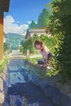  1girl black_eyes black_hair black_skirt building canal clouds cloudy_sky day fjsmu grass highres original outdoors parted_lips scenery shirt short_hair short_sleeves skirt sky solo tree water white_shirt 