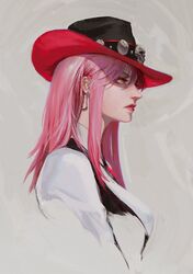  1girl commentary cowboy_hat cropped_torso ear_piercing earrings english_commentary eyelashes grey_background hat highres hololive hololive_english jewelry lips long_hair looking_ahead mori_calliope nose official_alternate_costume parted_lips piercing pink_eyes pink_hair portrait profile red_lips shirt sidelocks skull solo thedurianart virtual_youtuber white_shirt 