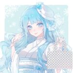  1girl absurdres bag blue_background blue_hair blush flower hand_up handbag hands_up hat hat_flower highres japanese_clothes kimono korikr32 long_hair looking_at_viewer obi original pearl_choker sash smile snowflakes upper_body very_long_hair white_headwear white_kimono wide_sleeves 