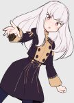  1girl :o black_pantyhose black_skirt blush buttons do_m_kaeru fire_emblem fire_emblem:_three_houses garreg_mach_monastery_uniform grey_background long_hair long_sleeves looking_at_viewer lysithea_von_ordelia pantyhose pink_eyes simple_background skirt solo uniform white_hair 