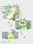  blue_flower brown_eyes budew falling_leaves flower full_body grid_background highres jira_077 leaf leafeon no_humans no_mouth plant pokemon pokemon_(creature) purple_flower red_eyes sitting sprigatito standing standing_on_one_leg white_flower 