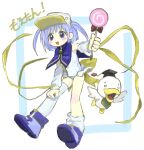  100_(hundredwell) 1girl ah-kun asymmetrical_legwear back_bow bird blue_eyes blue_hair blush bow candy copyright_name detached_sleeves duck food full_body hat highres holding holding_candy holding_food holding_lollipop korean_commentary light_blue_hair lollipop long_sleeves moetan mortarboard nijihara_ink one-piece_swimsuit pastel_ink short_hair single_loose_sock socks solo swimsuit swirl_lollipop thigh-highs two_side_up uneven_legwear white_one-piece_swimsuit white_sleeves white_socks white_thighhighs yellow_bow zettai_ryouiki 