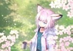  1girl ahoge animal_ears arknights black_choker blue_eyes blue_vest cherry_blossoms choker coat coffee_mug collarbone commentary cup falling_petals fox_ears fox_girl from_above genjaku highres holding holding_cup labcoat long_sleeves looking_at_viewer mug outdoors petals purple_hair short_hair sidelocks smile solo sussurro_(arknights) upper_body vest white_coat wide_sleeves 