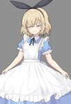  1girl alice_(black_souls) apron black_hairband black_souls blonde_hair blue_dress closed_eyes closed_mouth commentary dress facing_viewer grey_background hairband palenitre short_hair simple_background smile solo white_apron 