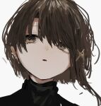 1girl black_jacket brown_eyes brown_hair close-up expressionless hair_ornament highres iwakura_lain jacket looking_to_the_side messy_hair pikuson serial_experiments_lain short_hair simple_background sketch solo white_background x_hair_ornament 