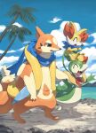  blue_scarf blue_sky closed_eyes clouds fennekin floatzel highres makoto_ikemu no_humans open_mouth outdoors palm_tree pokemon pokemon_(creature) scarf servine sky tree water 