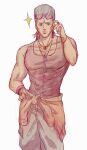  1boy 2608337875 absurdres blue_eyes clothes_around_waist earrings eyewear_on_head grey_hair heart heart-shaped_eyewear highres jacket jacket_around_waist jean_pierre_polnareff jewelry jojo_no_kimyou_na_bouken male_focus necklace solo stardust_crusaders sunglasses 