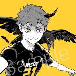 1boy 3_upin bird crow feathered_wings feathers greyscale haikyuu!! hinata_shouyou male_focus monochrome short_hair simple_background smile solo sportswear upper_body v-shaped_eyebrows wings yellow_background yellow_eyes 