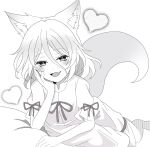  1girl :d animal_ears commentary_request fang fox_ears fox_girl fox_tail greyscale hair_between_eyes hand_on_own_face heart highres kitsune kudamaki_tsukasa looking_at_viewer monochrome oni_tama open_mouth romper short_hair simple_background skin_fang smile solo tail touhou 
