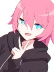 1girl :d black_hoodie blue_eyes bright_pupils commentary_request drawstring fang hair_between_eyes hand_up highres honkai_(series) honkai_impact_3rd hood hood_down hoodie long_sleeves looking_at_viewer pink_hair plasbott puffy_long_sleeves puffy_sleeves rozaliya_olenyeva short_eyebrows simple_background sleeves_past_wrists slit_pupils smile solo thick_eyebrows upper_body v white_background white_pupils