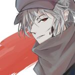  1boy arknights brown_headwear brown_scarf cabbie_hat character_request grey_hair hat hongchenhuangluqingnanzi looking_at_viewer male_focus oripathy_lesion_(arknights) parted_lips red_eyes scarf simple_background solo upper_body white_background 