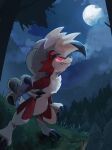  chufflepop clouds full_moon glowing glowing_eyes grass highres lycanroc lycanroc_(midnight) moon night night_sky no_humans on_grass outdoors pokemon pokemon_(creature) red_eyes sky tree 