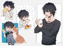  1boy alternate_universe black_eyes black_hair black_shirt boku_no_hero_academia bread dog food highres holding holding_spoon ichiya1115 ketchup long_sleeves looking_at_viewer male_child male_focus melon_bread messy_hair omelet omurice shigaraki_tomura shirt short_hair short_sleeves spoon white_shirt 