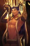  1boy blue_hair closed_mouth cu_chulainn_(caster)_(fate) cu_chulainn_(fate) earrings fate/grand_order fate_(series) gold gravesecrets highres horns jewelry long_hair looking_at_viewer male_focus multiple_earrings muscular muscular_male pectorals red_eyes single_vambrace solo spiky_hair vambraces 