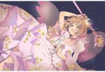  1girl antenna_hair brown_hair cardcaptor_sakura choker commentary dress flower green_eyes hair_intakes holding holding_wand hoshi_no_tsue kinomoto_sakura magical_girl open_mouth pink_choker rii2a77ru short_hair smile solo wand white_dress wide_sleeves 