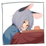  1girl animal_ears blue_jacket blush commentary_request food fruit greenpiecerice grey_hair jacket kotatsu leaning_forward long_bangs looking_at_viewer mandarin_orange mouse_ears mouse_girl nazrin open_mouth red_eyes short_hair smile solo table touhou upper_body white_background 