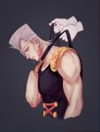  2608337875 amputee collar disembodied_limb earrings eyepatch grey_hair highres jean_pierre_polnareff jewelry jojo_no_kimyou_na_bouken male_focus missing_limb muscular muscular_male tears vento_aureo 