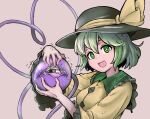  1girl :d black_headwear bright_pupils commentary_request crying exkagerou8665 green_eyes green_hair grey_background hat hat_ribbon heart heart_of_string highres komeiji_koishi long_sleeves open_mouth ribbon short_hair simple_background smile solo third_eye touhou upper_body white_pupils yellow_ribbon 