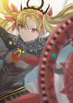  1girl absurdres black_cape black_tiara blonde_hair blurry cape dark-skinned_female dark_skin depth_of_field earrings ereshkigal_(fate) ereshkigal_alter_(fate) fate/grand_order fate_(series) fur-trimmed_cape fur_trim hair_ribbon highres hoop_earrings jewelry long_hair official_alternate_costume red_eyes red_ribbon ribbon solo yashipom 