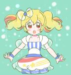  1girl :o aikatsu!_(series) aikatsu_stars! blonde_hair blush bow dress hair_between_eyes hair_bow highres melshukah multicolored_clothes multicolored_dress nijino_yume open_mouth red_eyes short_sleeves simple_background solo standing twintails 