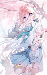  1girl aqua_neckerchief blue-framed_eyewear blue_eyes blue_skirt blurry blurry_background cat cherry_blossoms commentary_request earrings falling_petals glasses hand_on_own_thigh highres jewelry long_hair long_sleeves looking_at_viewer miwano_rag neckerchief one_side_up original outdoors petals pink_hair pleated_skirt sailor_collar school_uniform serafuku shirt skirt smile tree very_long_hair white_sailor_collar white_shirt 