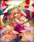  1girl ahoge akamatsu_kaede black_socks blonde_hair collared_shirt danganronpa_(series) danganronpa_v3:_killing_harmony grass hair_ornament highres kneehighs long_hair long_sleeves looking_at_viewer musical_note musical_note_hair_ornament object_hug open_mouth outdoors paper pleated_skirt shirt skirt smile socks solo swept_bangs tree trill_(trillmunch) watermark white_shirt wind 