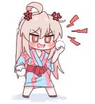  1girl ahoge anger_vein angry blush_stickers brown_eyes chibi commentary_request floral_print holding_snowball japanese_clothes kimono korean_commentary long_hair m1ch onii-chan_wa_oshimai! open_mouth oyama_mahiro pink_hair print_kimono sash simple_background snowball solo very_long_hair white_background yukata 