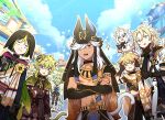  3girls 4boys :i absurdres aether_(genshin_impact) albedo_(genshin_impact) animal_ears animal_hat black_choker black_hair black_headwear blonde_hair capelet cat_ears cat_tail choker closed_mouth clouds collei_(genshin_impact) crossed_arms cyno_(genshin_impact) dark-skinned_female dark_skin day dress ears_down flower fox_ears fox_tail frown genshin_impact glasses gloves green_hair hair_ornament halo hat highres long_hair multiple_boys multiple_girls opaque_glasses open_mouth outdoors paimon_(genshin_impact) parted_lips pillosopi round_eyewear scarf signature sky sparkle standing sucrose_(genshin_impact) tail tighnari_(genshin_impact) twitter_username white_hair yellow_flower 