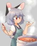  1girl absurdres animal_ears apron blush breasts closed_mouth commentary_request cooking_pot cowboy_shot dress food green_apron greenpiecerice grey_background grey_dress grey_hair hair_between_eyes highres holding holding_ladle ladle long_bangs mouse_ears mouse_girl nazrin pinafore_dress plate red_eyes short_hair small_breasts smile solo soup split_mouth steam stock_pot tasting_plate touhou 
