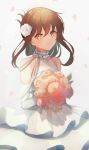  1girl bouquet brown_eyes brown_hair closed_mouth dress elbow_gloves gloves hair_between_eyes highres holding holding_bouquet inazuma_(kancolle) kantai_collection long_hair petals ranran_3939 side_ponytail simple_background sleeveless sleeveless_dress smile solo white_background white_dress white_gloves 