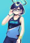  1girl adjusting_eyewear aqua_background basketball_uniform black_hair black_shorts blue_archive chihiro_(blue_archive) collarbone commentary_request flareza glasses green_eyes hair_between_eyes halo highres looking_at_viewer parted_lips short_hair shorts sidelocks simple_background sleeveless smartwatch solo sportswear watch watch wireless_earphones 