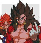  2boys absurdres biceps black_wristband blue_eyes blue_sash body_fur dragon_ball dragon_ball_gt dragon_ball_heroes earrings gogeta gogeta_(xeno) highres jewelry looking_at_viewer male_focus metamoran_vest monkey_boy monkey_tail multiple_boys muscular muscular_male no_nipples pants pectorals potara_earrings red_fur redhead relio_db318 sash simple_background smile spiky_hair super_saiyan super_saiyan_4 tail vegetto vegetto_(xeno) veins veiny_hands white_pants 