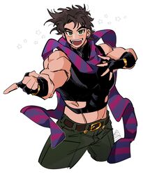  1boy bare_shoulders battle_tendency blush brown_hair carota327 crop_top fangs fingerless_gloves gloves green_eyes hand_on_own_chest highres jojo_no_kimyou_na_bouken joseph_joestar joseph_joestar_(young) male_focus midriff multicolored_clothes multicolored_scarf pink_scarf pointing pointing_forward purple_scarf scarf shirt sleeveless_turtleneck_crop_top solo striped striped_scarf tight tight_shirt vertical-striped_scarf vertical_stripes 