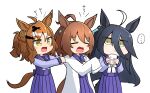  ... 3girls =_= agnes_tachyon_(umamusume) ahoge animal_ears annoyed black_hair bow bowtie braid brown_hair commentary cup ear_piercing hair_between_eyes highres holding holding_cup horse_ears horse_girl horse_tail horseshoe_ornament jungle_pocket_(umamusume) kuroshiro1011 labcoat long_bangs long_hair long_sleeves manhattan_cafe_(umamusume) messy_hair multicolored_hair multiple_girls open_mouth piercing pleated_skirt purple_sailor_collar purple_serafuku purple_shirt purple_skirt sailor_collar sailor_shirt school_uniform serafuku shirt short_hair simple_background skirt sleeves_past_fingers sleeves_past_wrists spoken_ellipsis streaked_hair tail tracen_school_uniform translated umamusume upper_body white_background white_bow white_bowtie white_hair winter_uniform yellow_eyes 