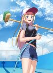 1girl absurdres baseball_cap black_shirt blonde_hair blue_eyes blue_shorts blue_sky breasts chain-link_fence cleaning_brush clouds cowboy_shot day denim denim_shorts empty_pool fence forehead hat highres hose kofune_ushio kyouji44288608 long_hair open_mouth outdoors pool shirt shorts sky small_breasts solo summertime_render t-shirt very_long_hair water 