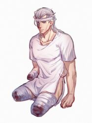  1boy 2608337875 absurdres amputee bandage_over_one_eye bandaged_arm bandaged_leg bandages bleeding blood blood_on_bandages blue_eyes grey_hair hair_down highres hospital_gown jean_pierre_polnareff jojo_no_kimyou_na_bouken male_focus solo triple_amputee vento_aureo 