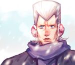  1boy 2608337875 blue_eyes earmuffs flattop grey_hair highres jean_pierre_polnareff jojo_no_kimyou_na_bouken male_focus purple_scarf scarf snowing solo stardust_crusaders tall_hair winter 