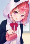  1girl absurdres animal_hood asahi_yu0604 bow bowtie earrings fang hair_ornament hairclip highres holding hood hood_up jacket jewelry long_sleeves nijisanji open_mouth panda_hood pink_eyes pink_hair red_bow red_bowtie red_ribbon ribbon sasaki_saku solo virtual_youtuber 