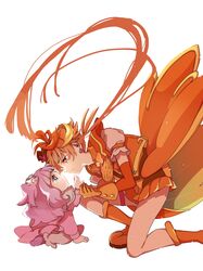  1boy baby brooch butterfly_earrings cure_wing earrings ellee-chan eye_contact gloves hat highres hirogaru_sky!_precure holding_hands jewelry kneeling long_hair looking_at_another magical_boy mini_hat mini_top_hat orange_footwear orange_gloves orange_hair orange_sailor_collar orange_shorts precure sailor_collar sekiguchi_(mitemite_mitene) shorts simple_background top_hat very_long_hair white_background wing_brooch wing_hair_ornament yuunagi_tsubasa 