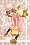  1boy 1girl blue_eyes brown_footwear brown_hair dress highres kaze_no_klonoa lolo_(klonoa) looking_at_another mikuni_(392tami) open_mouth pink_dress pink_headwear popka short_hair 