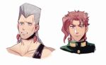  2608337875 2boys blue_eyes cherry_earrings earrings food-themed_earrings gakuran grey_hair jean_pierre_polnareff jewelry jojo_no_kimyou_na_bouken kakyoin_noriaki male_focus multiple_boys redhead school_uniform stardust_crusaders violet_eyes 