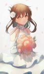  1girl bouquet brown_eyes brown_hair closed_mouth dress elbow_gloves gloves hair_between_eyes highres holding holding_bouquet inazuma_(kancolle) kantai_collection long_hair petals ranran_3939 side_ponytail simple_background sleeveless sleeveless_dress smile solo white_background white_dress white_gloves 