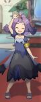  1girl :d acerola_(pokemon) arm_up armlet blue_dress blurry blurry_background blush closed_eyes commentary_request dress eyelashes facing_viewer flip-flops flipped_hair full_body grey_dress hair_ornament hairclip highres indoors kohatsuka medium_hair multicolored_clothes multicolored_dress open_mouth pokemon pokemon_(game) pokemon_center pokemon_masters_ex pokemon_sm purple_hair sandals short_sleeves smile solo standing topknot torn_clothes torn_dress 